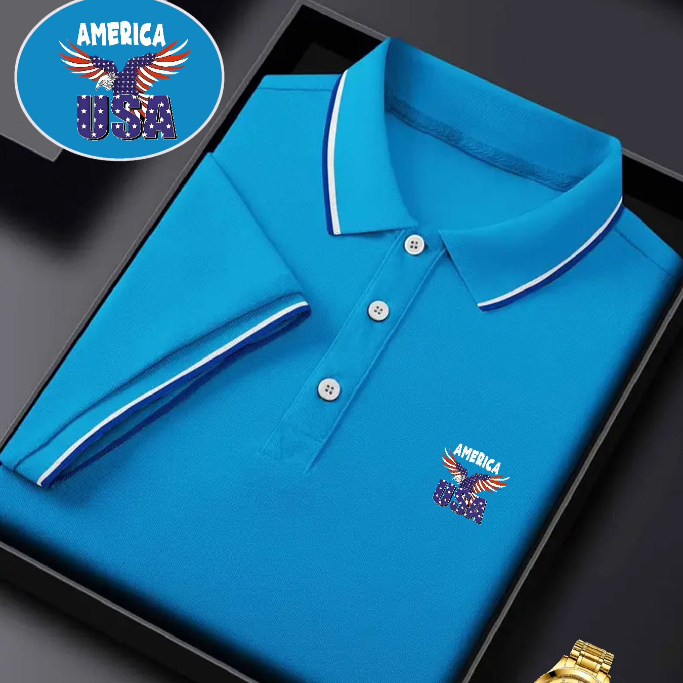 

Men's Usa Eagle Graphic Shirt - Casual & Business-casual, Short Sleeve With Collar, Lightweight Polyester, Ideal For Tennis & Golf, Perfect Gift In Presentation Box