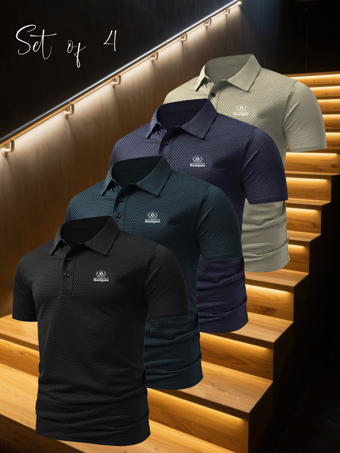 4 stuks heren business casual shirts, golf shirt met turn-down kraag t-shirt,   print design, zacht rekbaar en ademend materiaal, perfect voor thuis, vrije tijd, outdoor activiteiten, dagelijks  , cadeau voor mannen 0