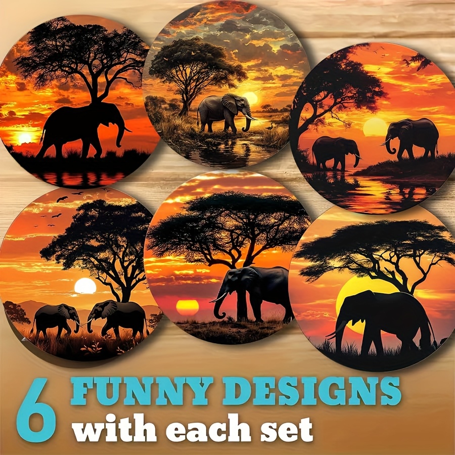 TEMU 6pcs Set Of African Elephant Print Wooden Coasters - Fashionable Wooden Heat-resistant Non-slip Drink Mats, Suitable For Home And Office Decor,