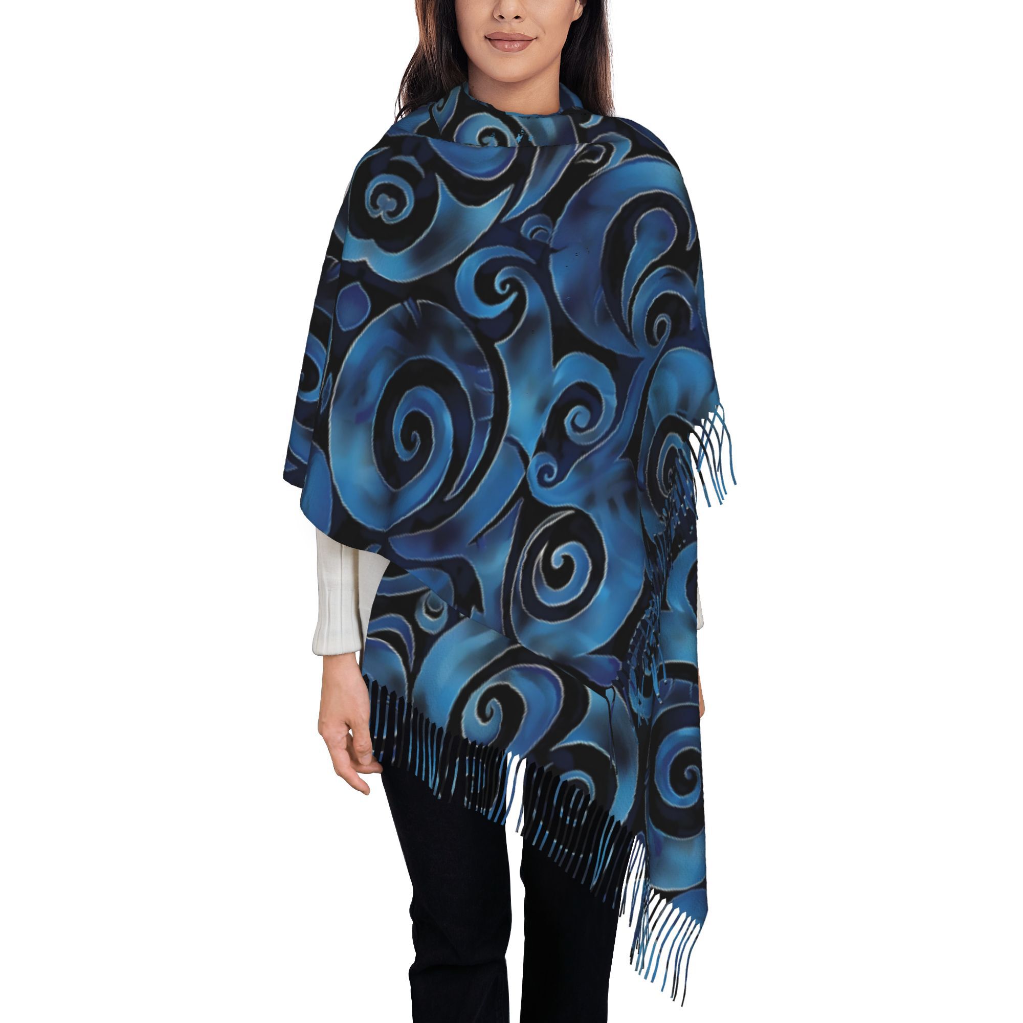 TEMU New Zealand Maori Paua Pattern Koru 121 Unisex Autumn Tassel Scarf Warm Windproof Shawl Suitable For Cycling Birthday Gifts Christmas And New