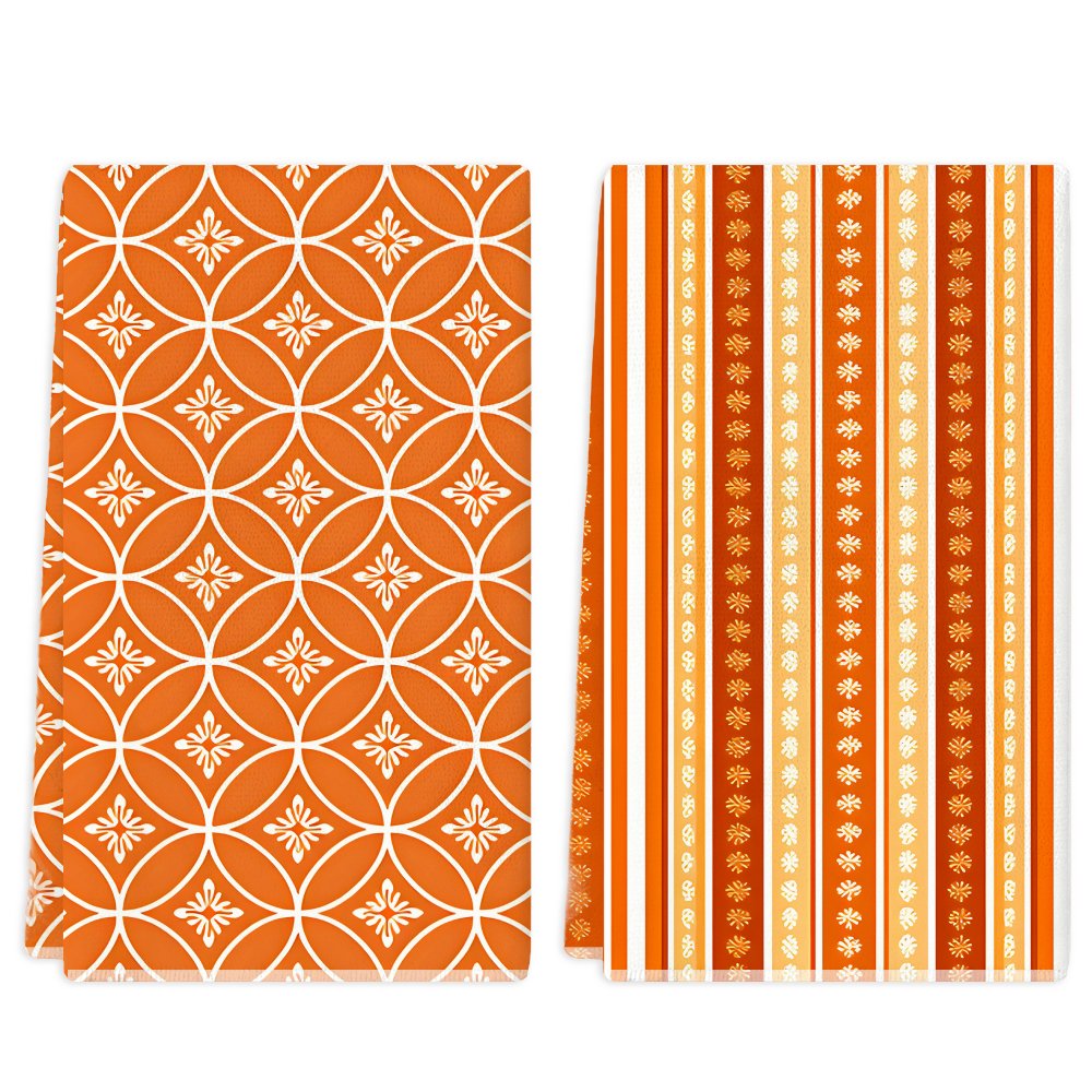 TEMU 2pcs Modern Orange Geometric & Striped Microfiber Kitchen Towels Suitable For Cleaning, Soft Absorbent Dish Cloths With Decorative Tea Towel