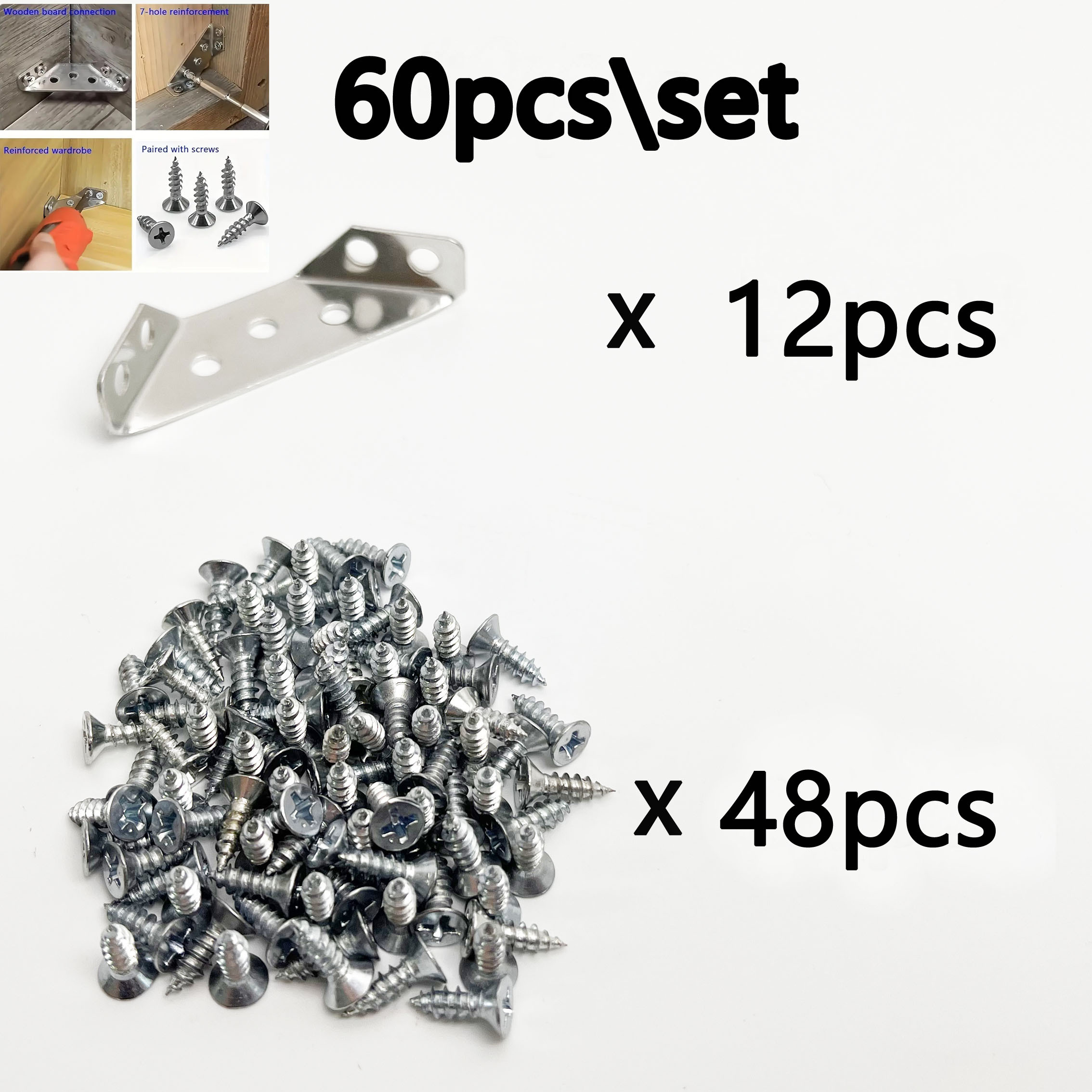 TEMU 60pcs Set: Heavy-duty 90-degree Right Angle Brackets (12 Brackets + 48 Screws), Triangular Metal Furniture Corner Connectors - Suitable For