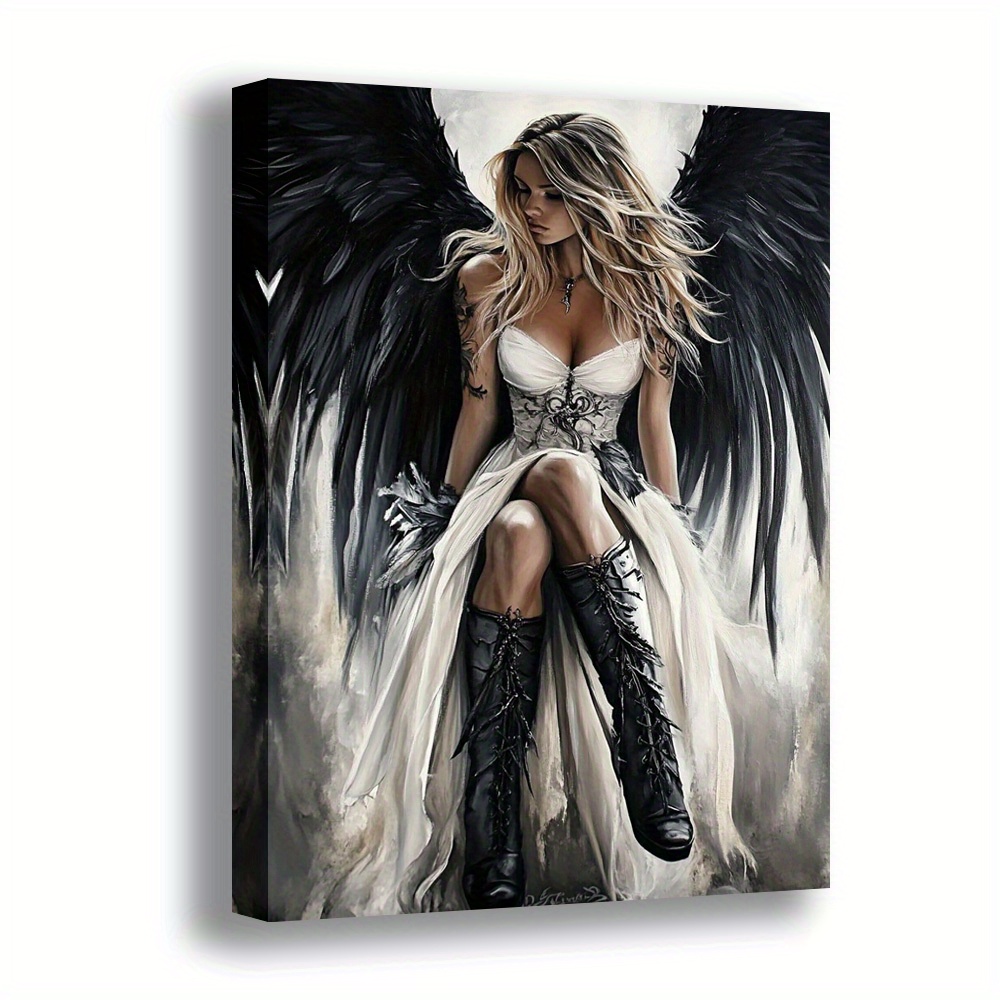 2d flat 1pc gothic angel wall art   woman with   white dress canvas artwork wooden frame vertical wall decor for home office bedroom bar   modern art   christmas home decor gift mystical artwork detailed artwork interior designers 2d flat
