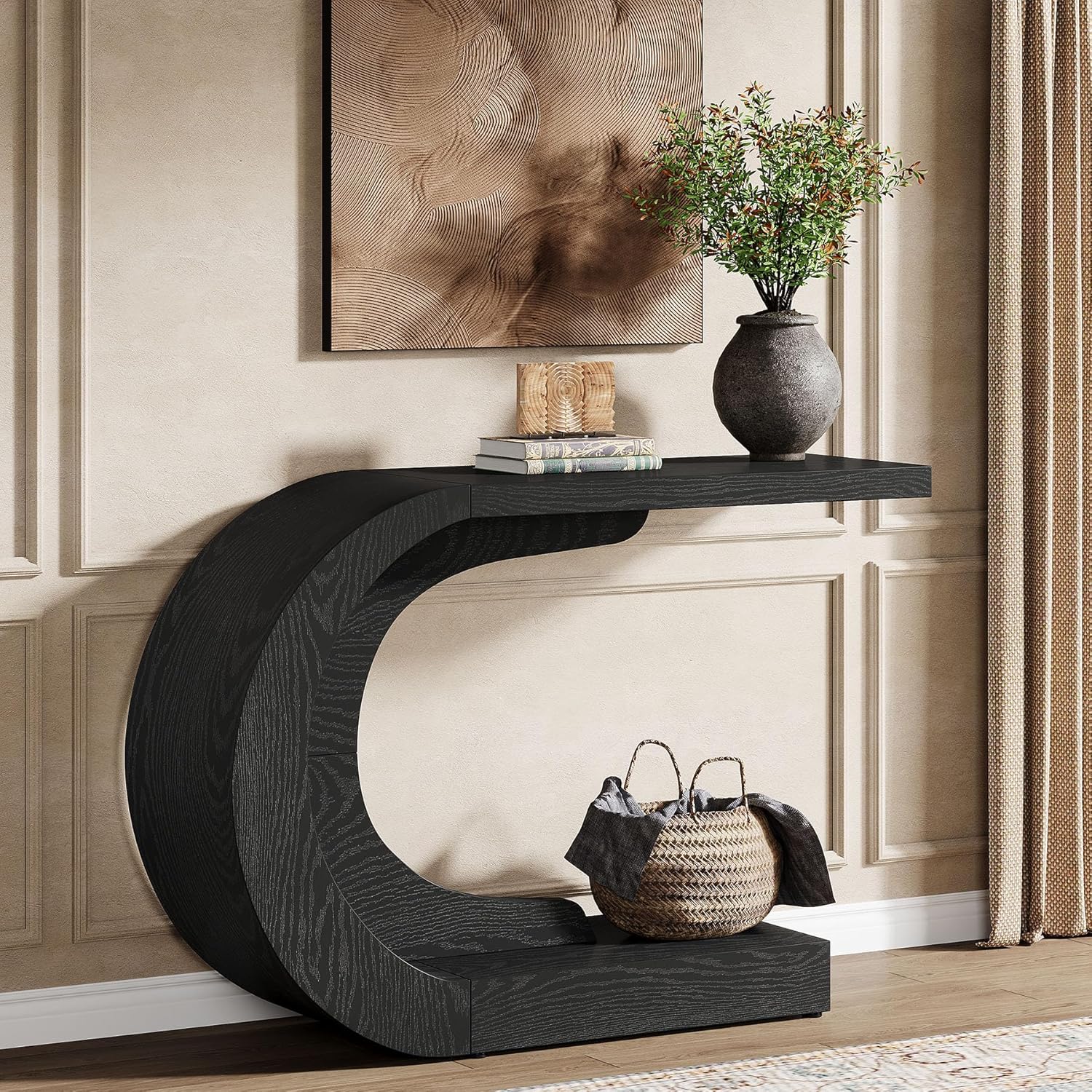 Image of 43.3" Console Table Suitable For Entryway, Rustic Sofa Table With Storage Shelf - Wood &, Easy Assembly Freestanding Table Behind Couch For Living Room, Hallway, Foyer, Black