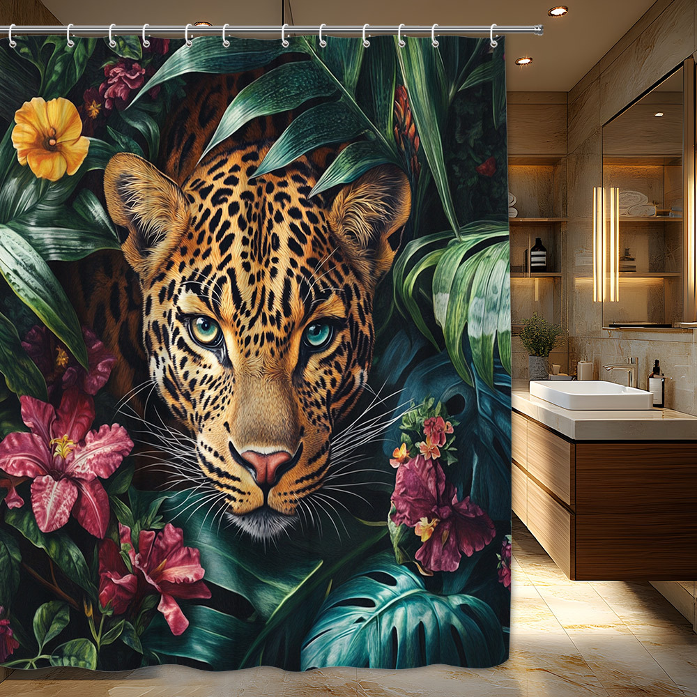 TEMU 1pc -realistic Leopard In Tropical Foliage Shower Curtain, With Surrounded By Hibiscus And Lilies, Scene, Polyester Fabric Bathroom Decor,