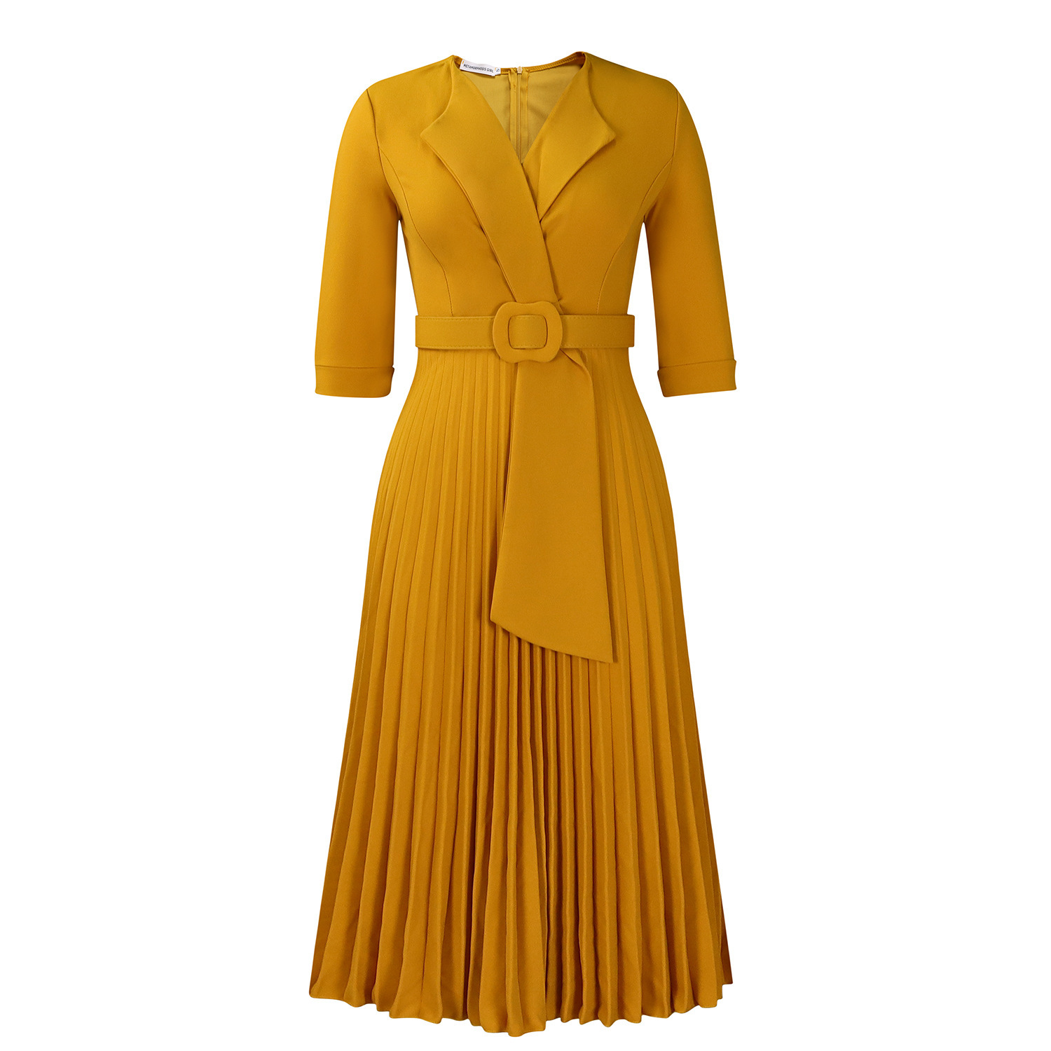 

Half Sleeve V-neck Women's Maxi Dress Pleated Plain Belt Dress