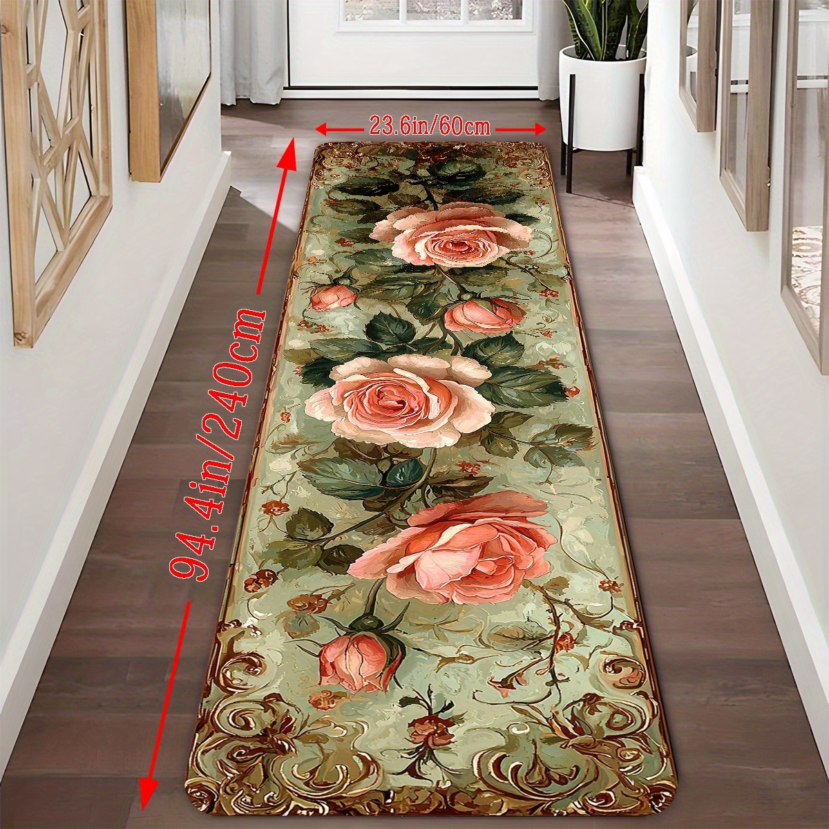 TEMU 1pc Rose Pattern Runner Rug, Long Strip Carpet, Bath Mat, Non-slip Runner Rug, Bedside And Sofa Side Mat, Kitchen Rug, Machine Washable Indoor