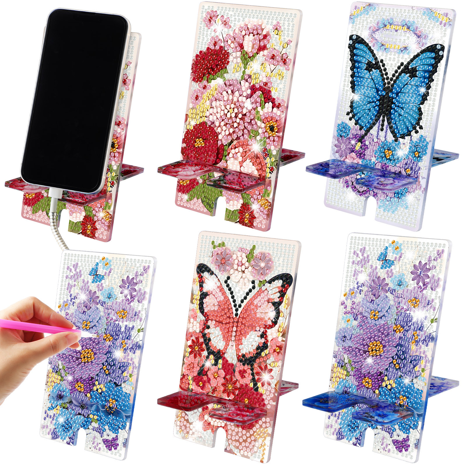 TEMU 4pcs Spring Floral Diamond Painting Cell Phone Stand Diy Art Phone Holder Bling Painting Art Craft Kits For Beginner Adult