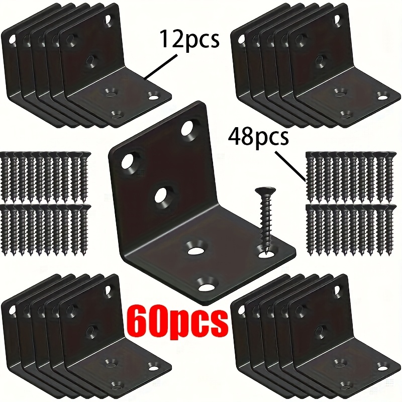 TEMU 60pcs Heavy-duty Black Metal Corner Code Set, 12pcs Corner Codes And 48pcs Screws, With Pre-drilled And Rounded Edges, Suitable For Wooden