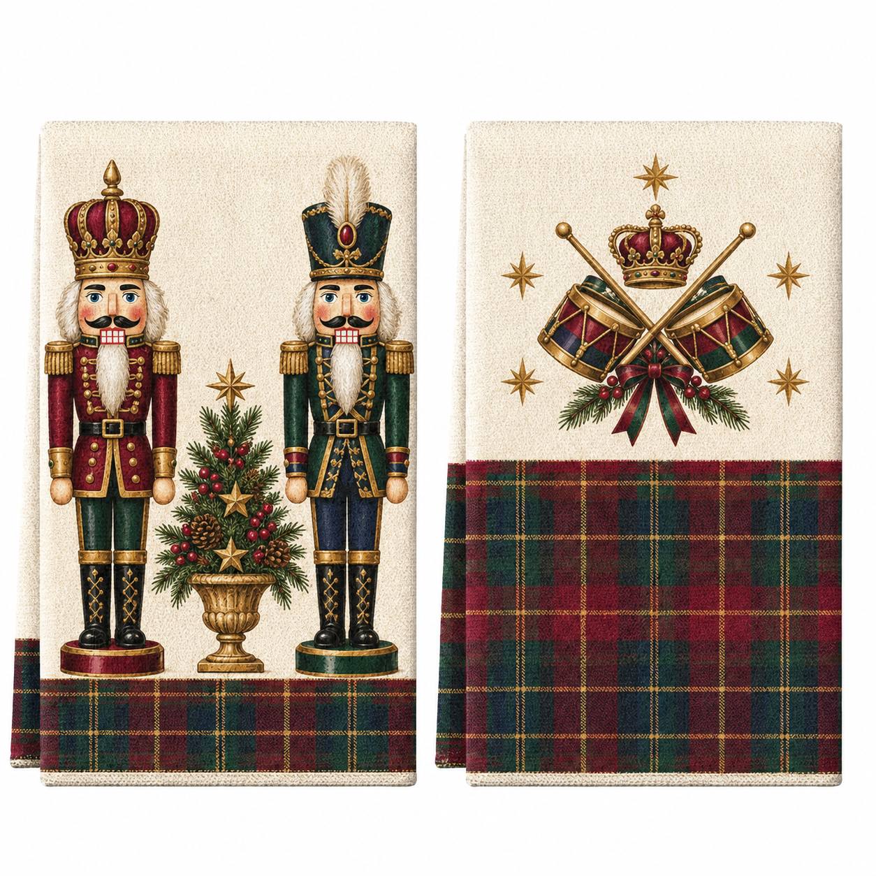 TEMU 2-pack Burgundy & Forest Green Christmas Tea Towels, Nutcracker Soldiers, Golden Ornaments, Evergreen Accents And Tartan Border, 16x24 Inch