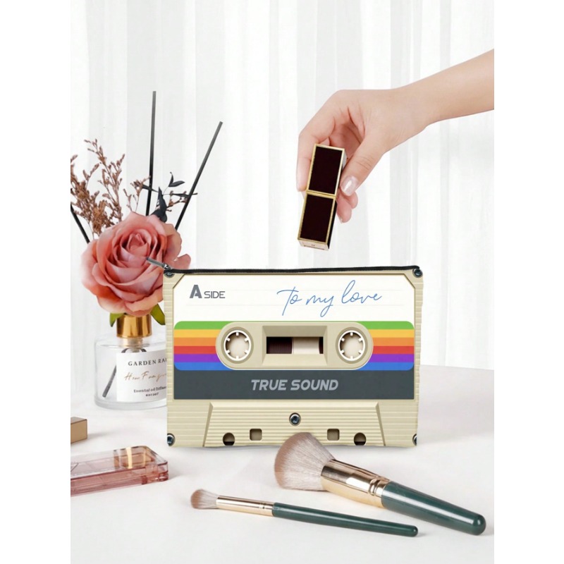1pc retro cassette tape pattern cosmetic bag and toiletry bag multifunctional small item storage bag suitable for   travel essential toiletries   storage   used as   purse touch up bag makeup tool bag
