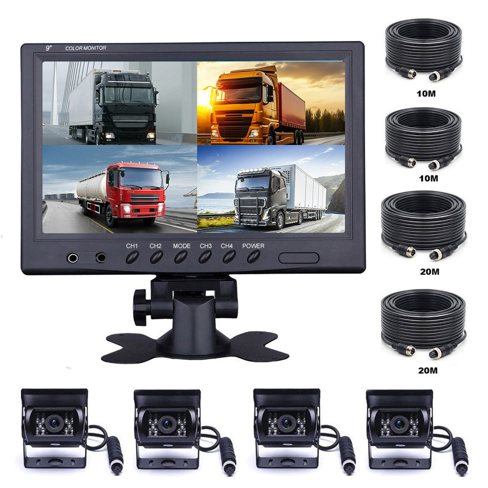 TEMU Vehicle Backup Camera 9'' Split Monitor Vehicle Backup With 4x4pin 18 Ir Night Vision Reversing Cameras For Trucks/ Rv/ Trailer/ Bus