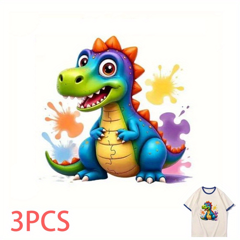 TEMU 3pcs, Diy Iron-on Transfer Stickers, Cartoon Dinosaur T-shirt Jeans Sweatshirt Pillow And Long-lasting Vinyl Material Iron-on Transfer Stickers