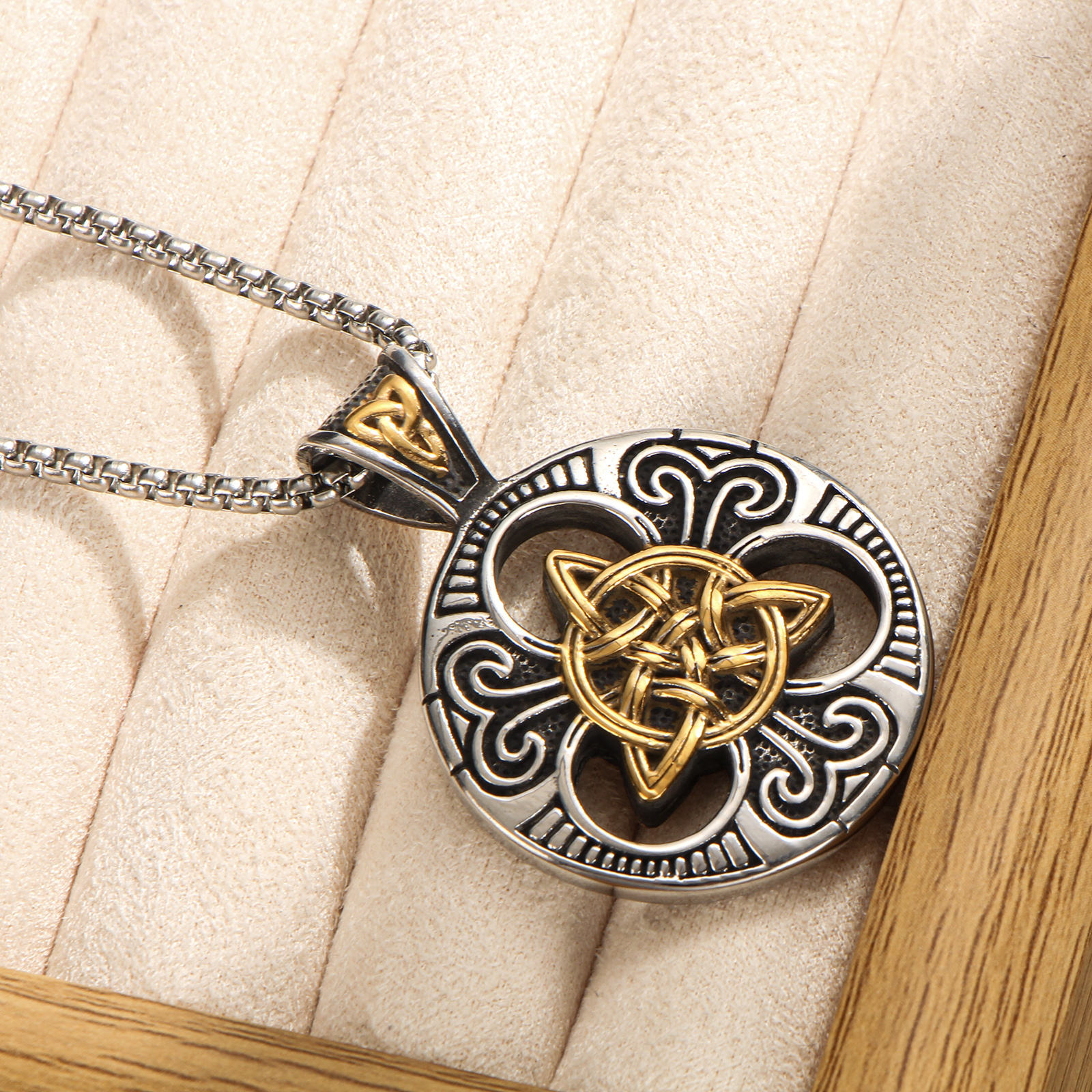 Men's Viking Style Celtic Knot Pendant Necklace, Featuring Fine Carvings With Golden Accents, A Unique Neck Chain For Fashion Enthusiasts From Scandinavia And Ireland
