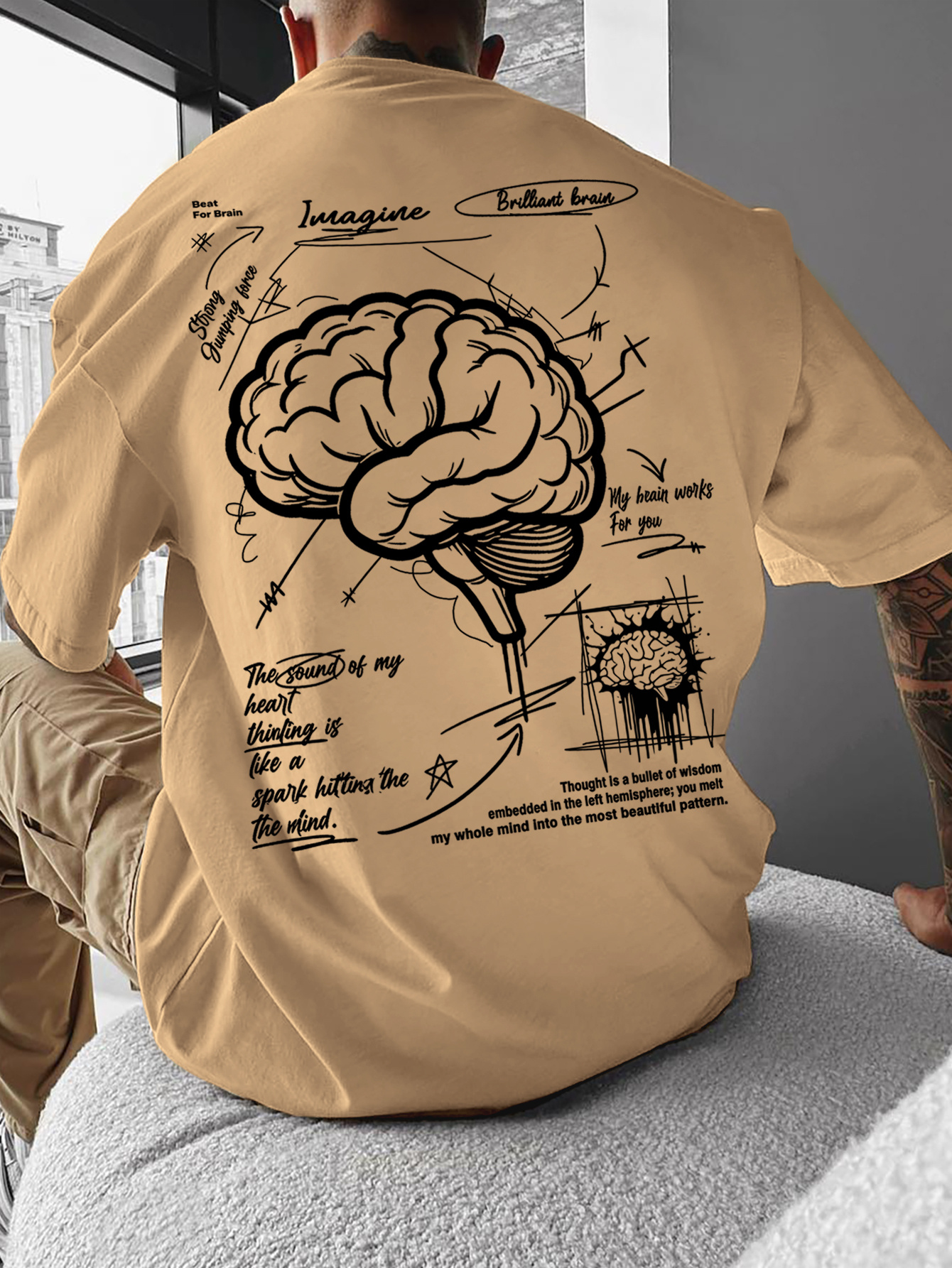 American Style Men'S Casual Round Neck T-Shirt with Thought-Provoking Slogan And Brain Print for Casual Gatherings And Trendy Outfits