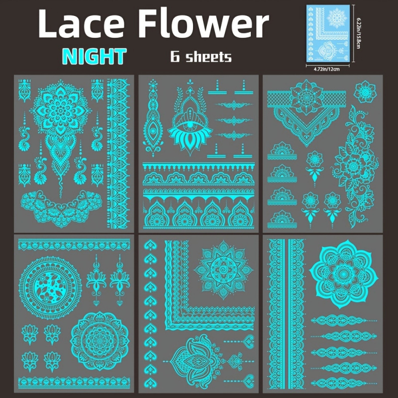 Image of 6 Blue -the-dark Tattoo Stickers Featuring A Tribal Style With White Lace For Lotus Mandala Designs, Suitable For , Fingers, Neck, And Back; Perfect For Music Parties And Wedding Gifts