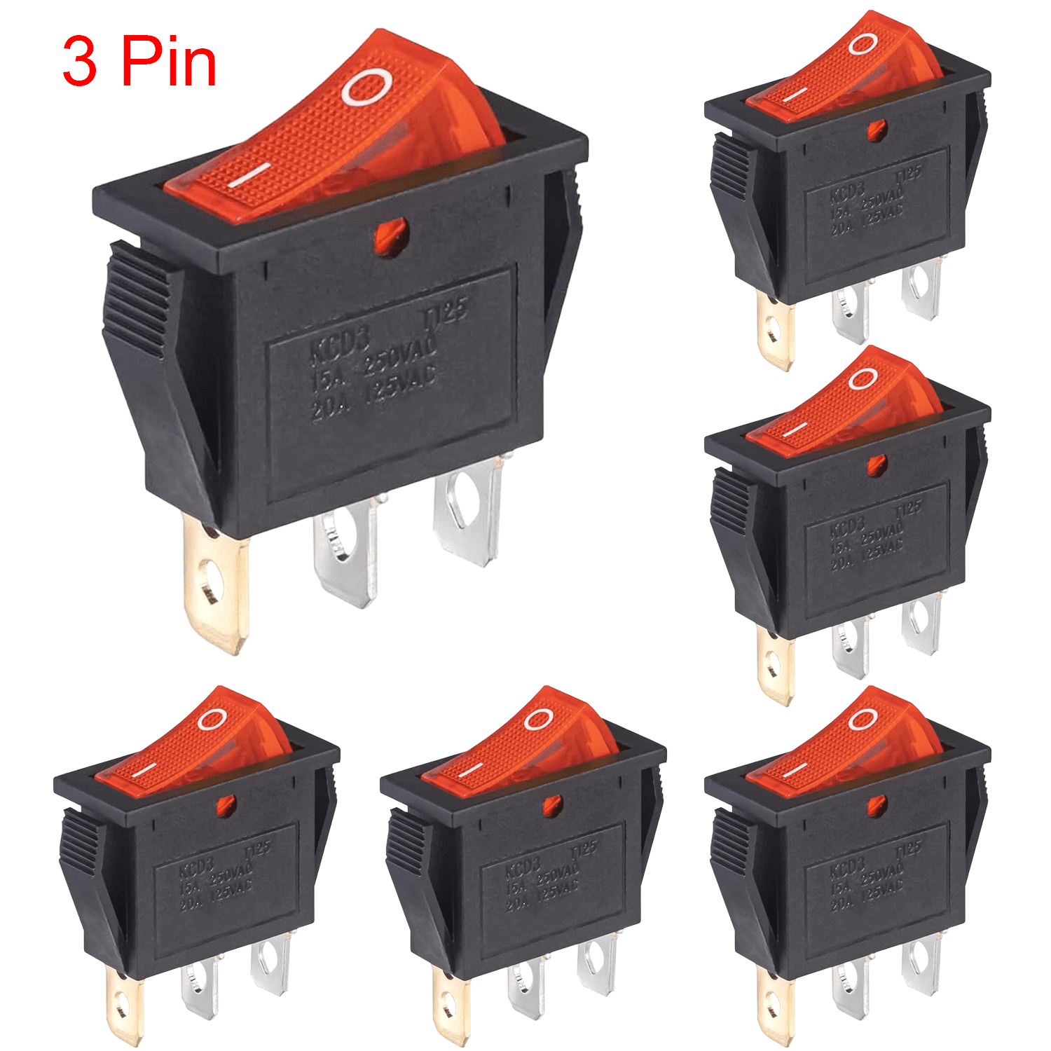 TEMU 16/6pcs Lighted Kcd3 Rocker Switch On Off 3 Pin 2 Position Red Light Switches 20a 15a 125v 250v Ac Square Illuminated Power Switch