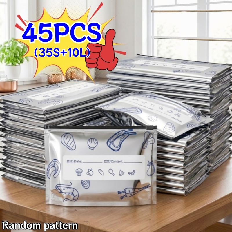 TEMU 45pcs Reusable Washable Aluminum Foil Storage Bags With Date Labels, Leakproof Freezer And Fridge Pouches For Meat, Veggies And Fruit, Random