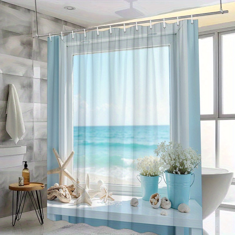 TEMU 1pc Coastal Beach Window Shower Curtain With Seashells & Driftwood Design – Light Blue Polyester, 70.8x70.8 Inches, Includes 12 Hooks For Modern