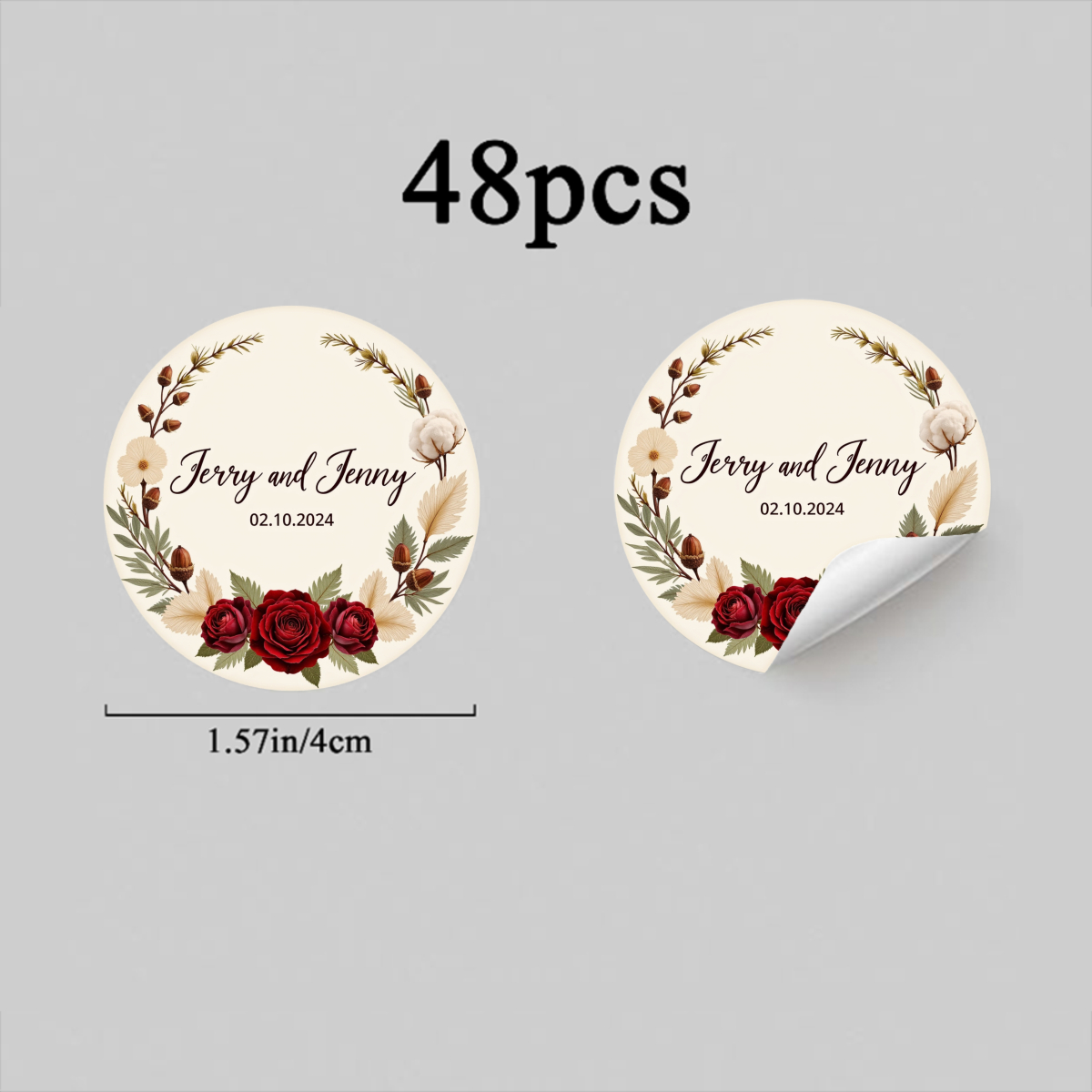 TEMU 24pcs/48pcs Personalized Wedding Stickers Suitable For Wedding Invitations, Custom Text & Floral Round Labels With Red Roses & Daisies, Glossy