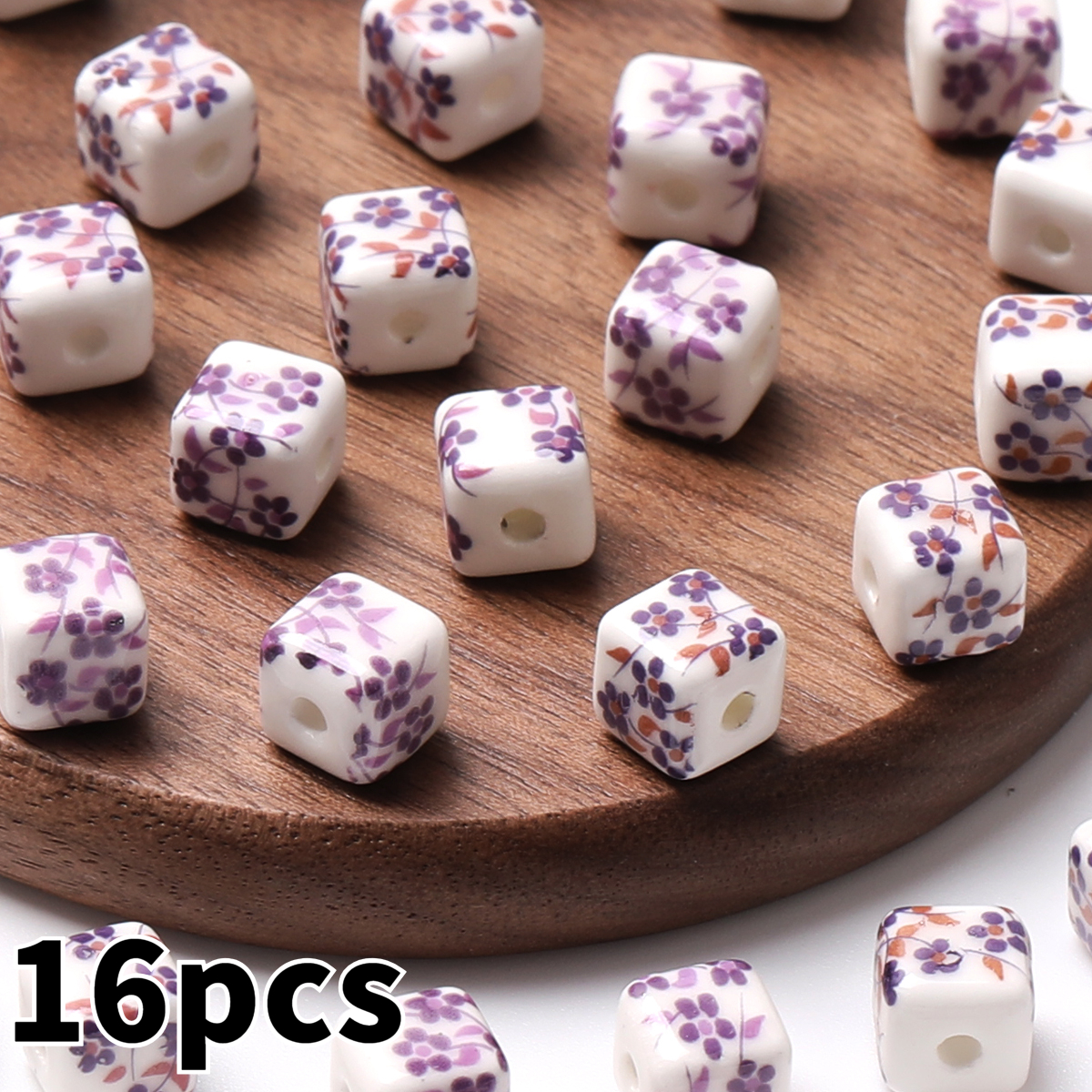 8pcs/16pcs Cube Printed Flowers Glazed Square Ceramic Beads for DIY Jewellery