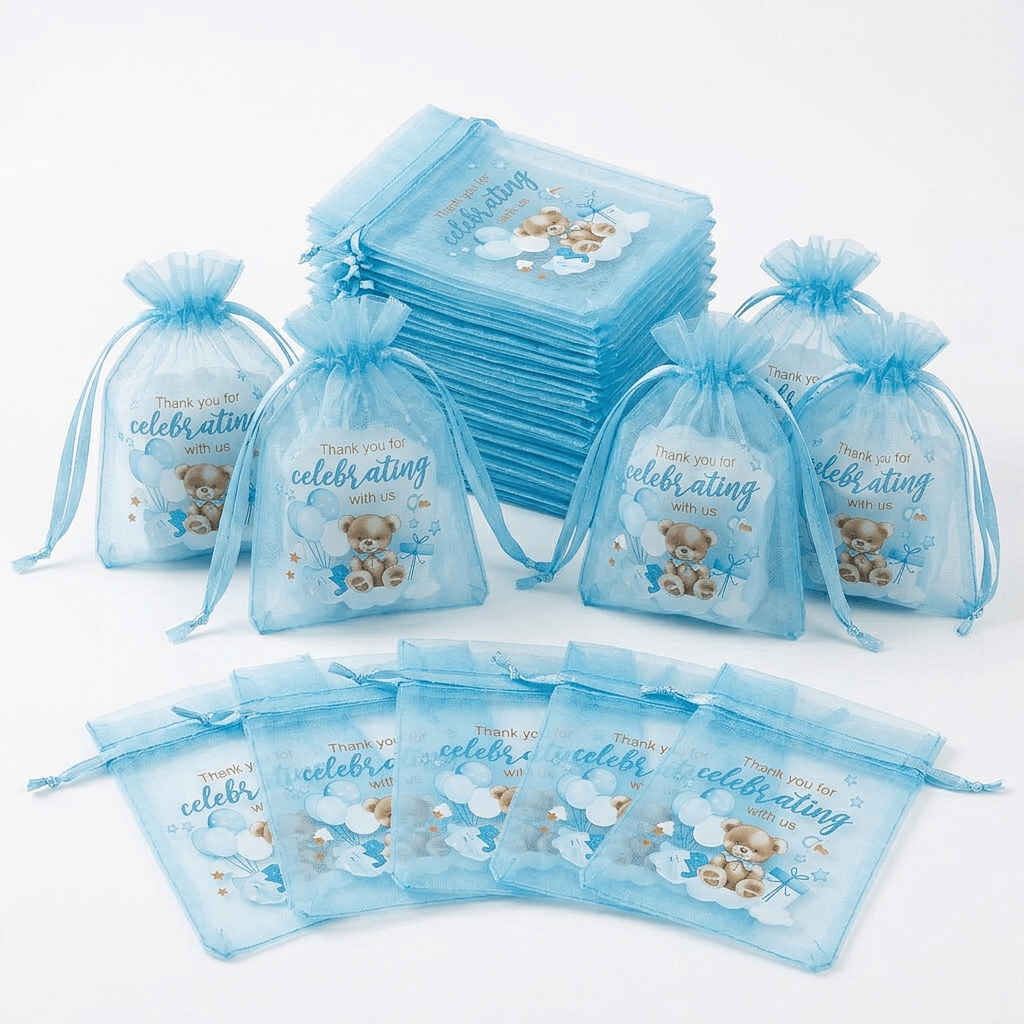 TEMU 24pcs Blue Organza Gift Bags, 10.16 X 15.24cm Sheer Drawstring Mesh Pouches With Ribbon Closure, Printed , Lightweight Favor Sacks For Wedding,