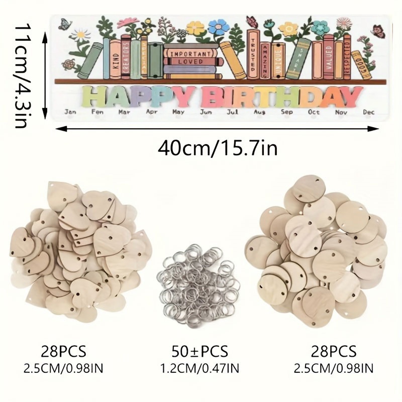 TEMU 2d Flat, 2d Flat Printing 1pc Happy Birthday Wooden Reminder Calendar Board, Inspirational Birthday Commemorative Plaque, Book Floral Hanging