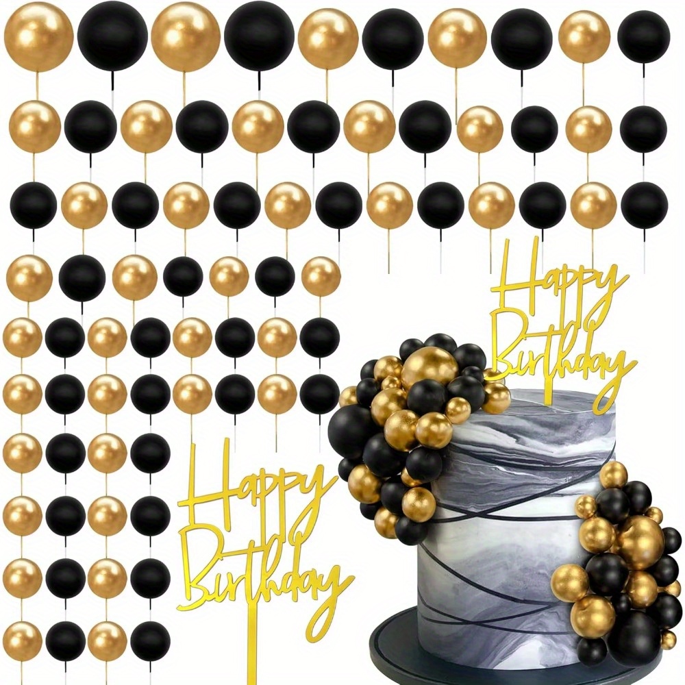 Image of 75 Pcs Black And Decorations Balls Happy Birthday Insert Cards For Diy Cake Decoration Baby Shower Wedding