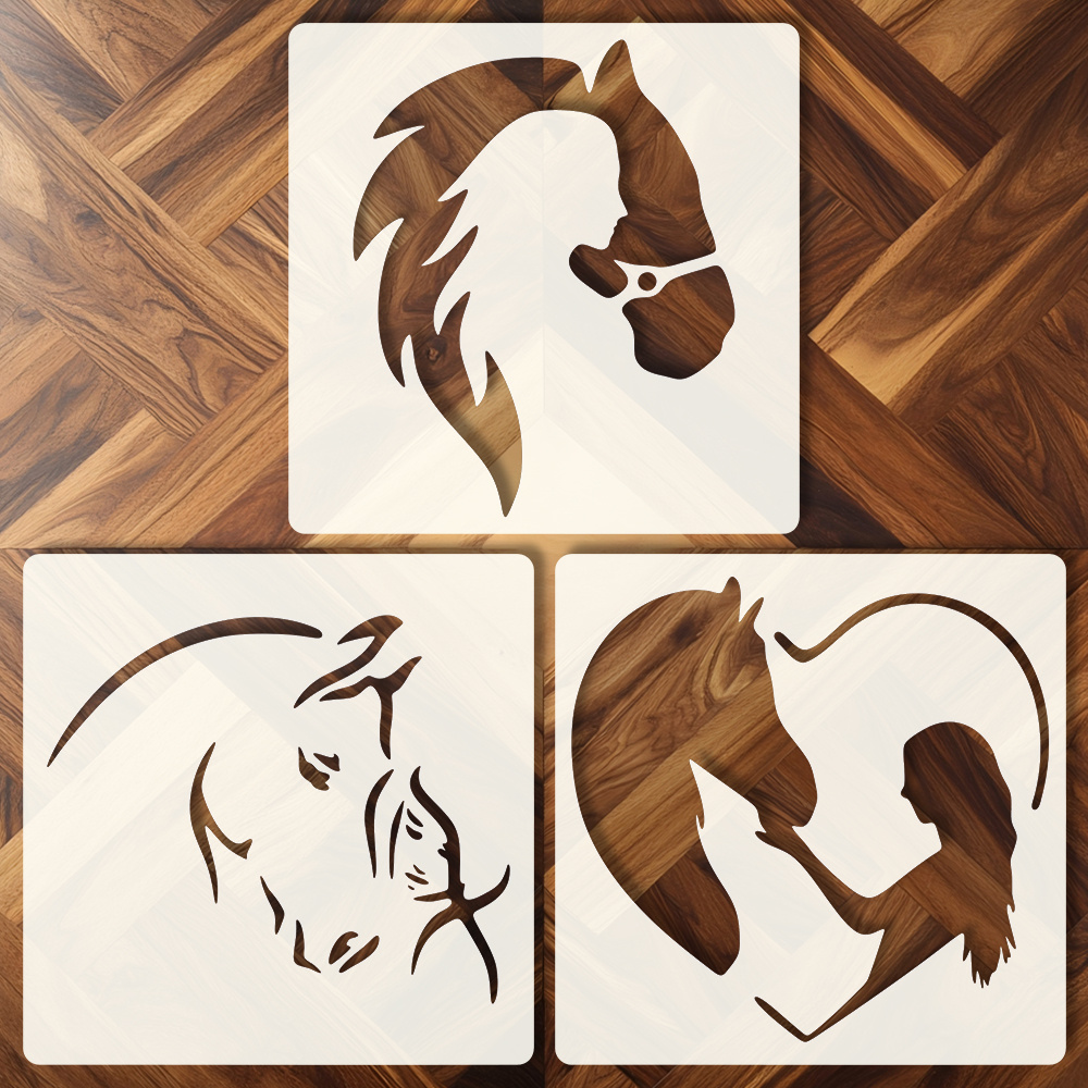 

3-pack Horse-themed Reusable Plastic Stencil Set, 6x6 Inch, For Diy Painting On Wood, Canvas, Walls, And Furniture, Art And Craft Cutouts, Home Decor Crafting