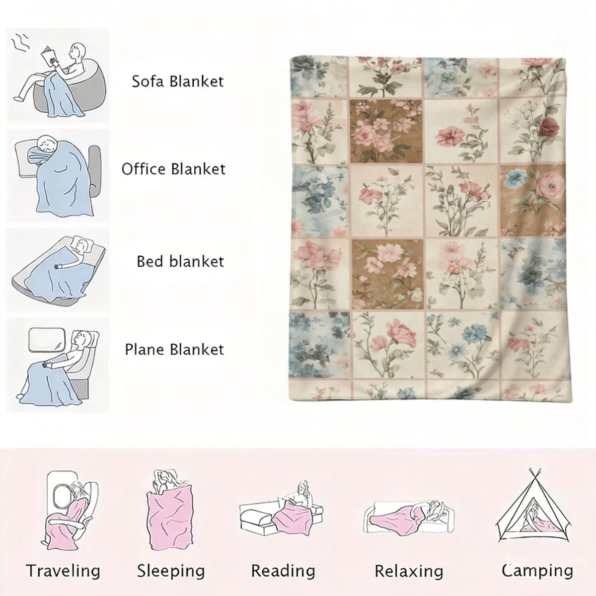 1 manta suave con diseño floral patchwork que presenta un diseño pastel en tonos de rosa, azul, beige, marrón, blanco y verde. Ideal para todas las estaciones, esta manta ligera y de fácil cuidado es perfecta para tu cama, sofá o sala de estar