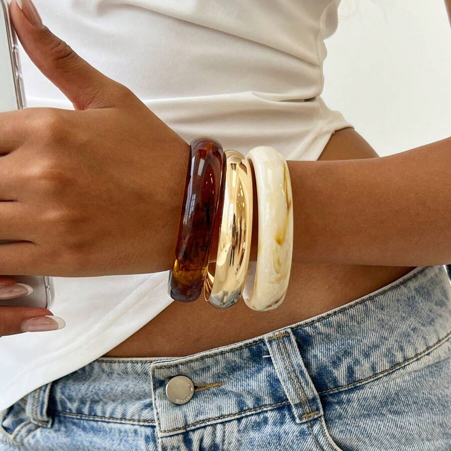 Image of 3pcs Women's Fashion Versatile Stackable Resin Bracelet Set, Vintage Irregular Marbled Bangle Additions For Wear, Ideal For Casual, Vacation, And Party Occasions