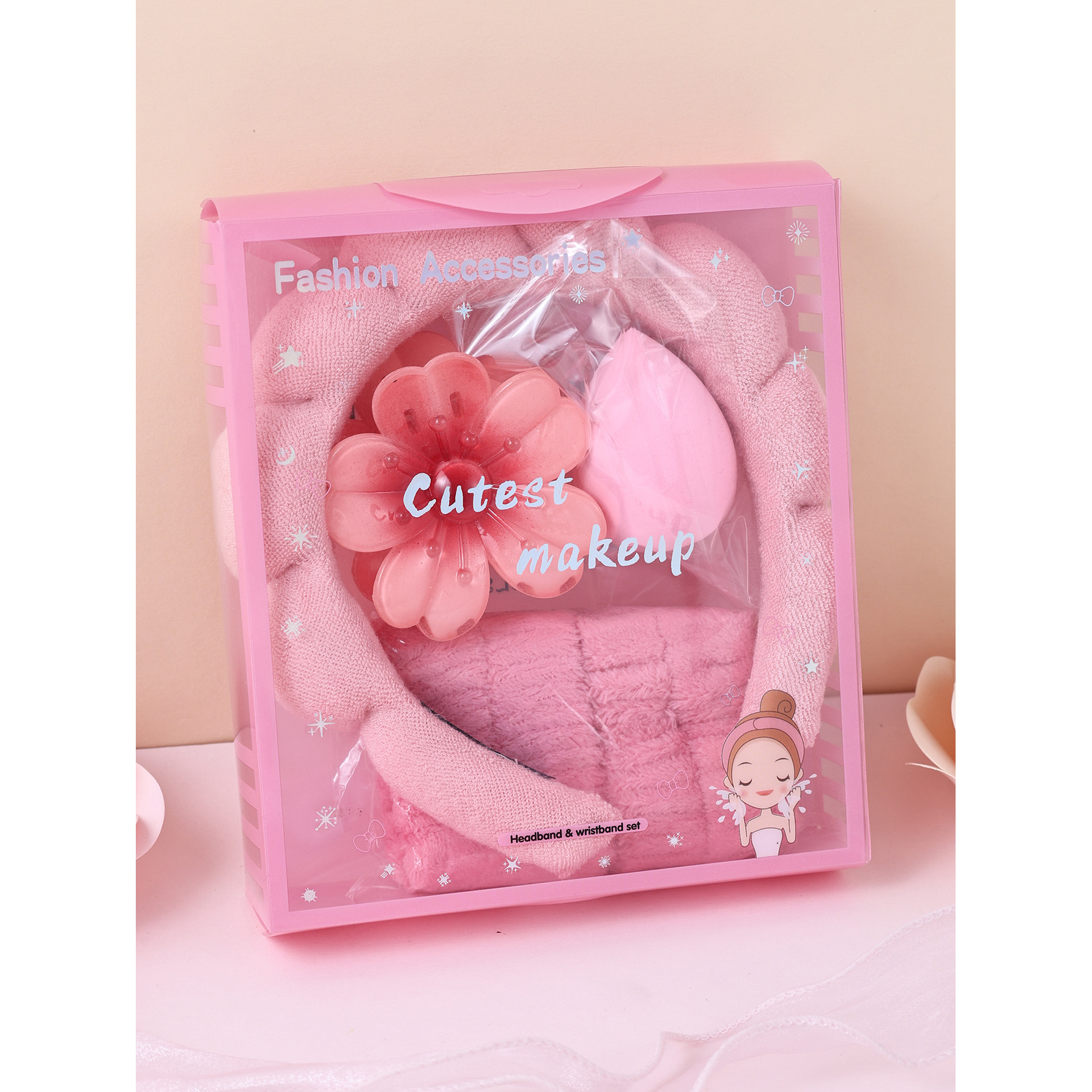 Image of 5pcs New Women's Makeup And Toiletry Cloud Gift Box Set: Headband, Absorbent Wristbands, Beauty Blender, And Fashionable Flower Hair Clips For (wholesale)