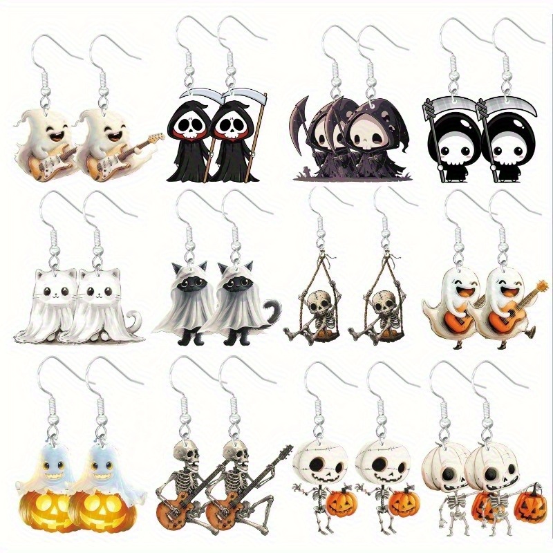 TEMU Random Set Of 6 Mixed Women's And ' For Halloween Acrylic Earrings, Featuring Cute Designs Like , Skulls, Pumpkins, And . Lightweight And Fun,