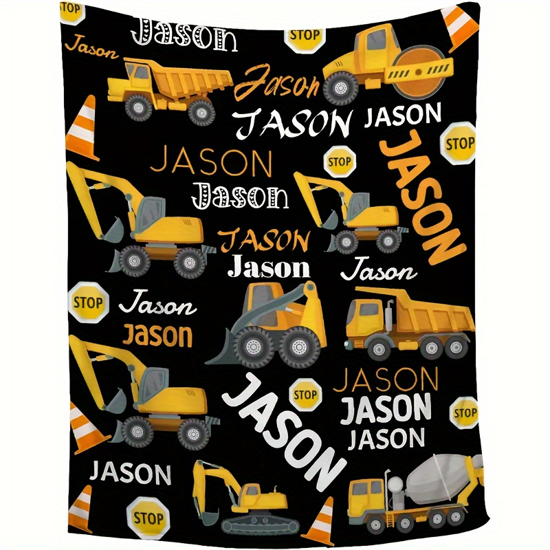 TEMU 1pc Custom Text Excavator Print Flannel Blanket, Personalized Soft Warm Flannel Throw For Grandson's Christmas Gift, Suitable For Sofa, Bed,