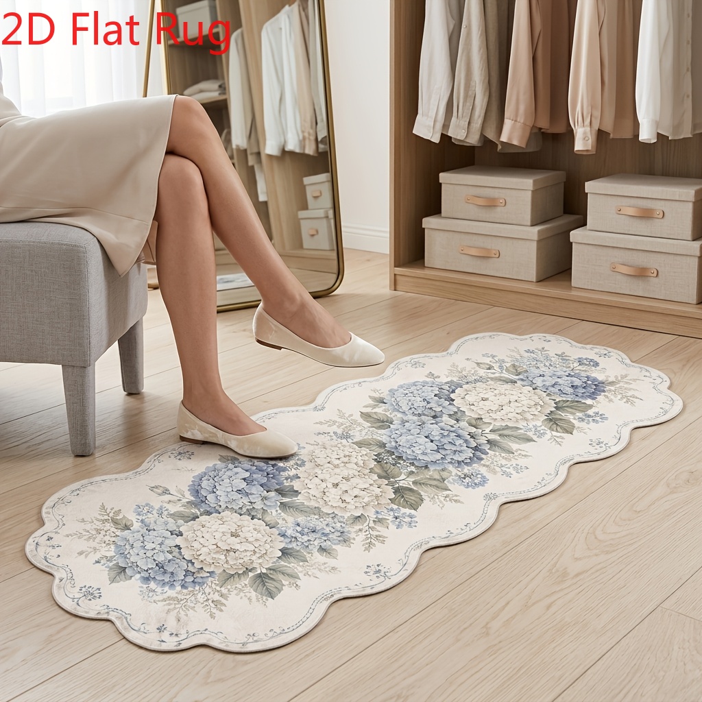 TEMU 1pc Blue Hydrangea Scallop Edge Bathroom Rug, 850g/㎡ Velvet, Non-slip Bath Mat, Soft Machine Washable Floor Mat, 2d Flat Printed Floral
