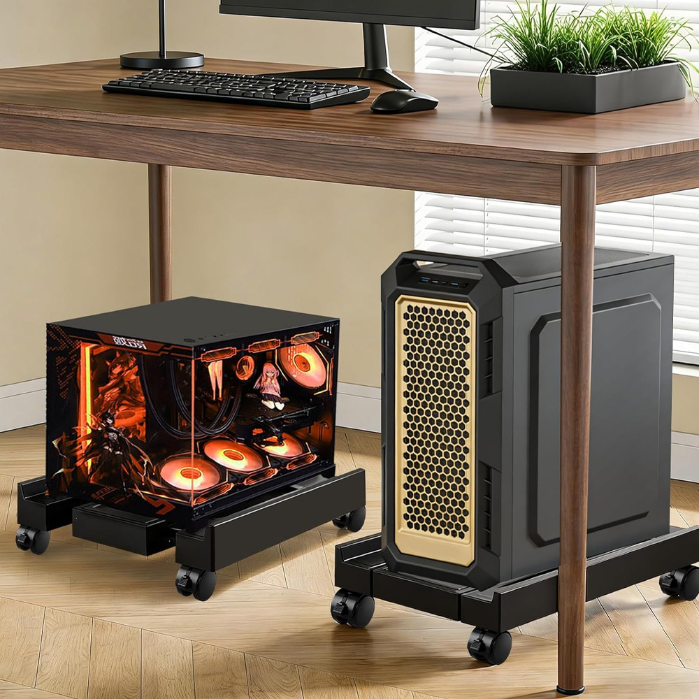 Image of Black Adjustable Computer Tower Stand With Cooling Fan, Mobile Cpu Holder With 4 Rolling Casters, Under Desk Cpu Bracket Pc Floor Cart Pc Riser For Office, Home And Classroom