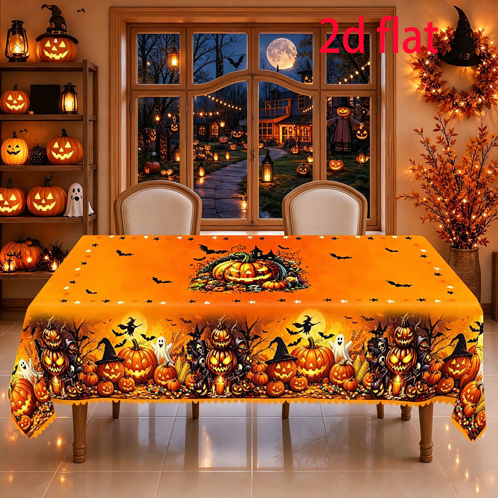 TEMU Tablecloth 1pc 2d Flat Design With Halloween Jack-o'-lantern, , Dead Tree, Bat, And Castle Pattern, Western Halloween Autumn Retro Warm Style,