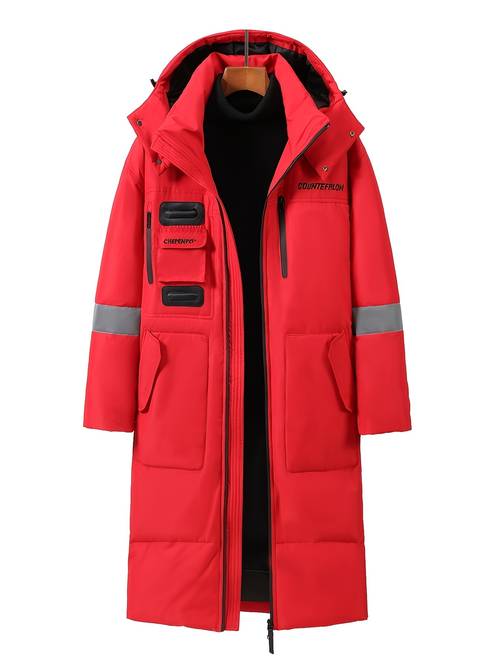 mens winter korean duck down jacket length coat with hood stand collar zippered pockets machine washable quilted no bulk for skiing snowboarding cold weather casual warm outerwear