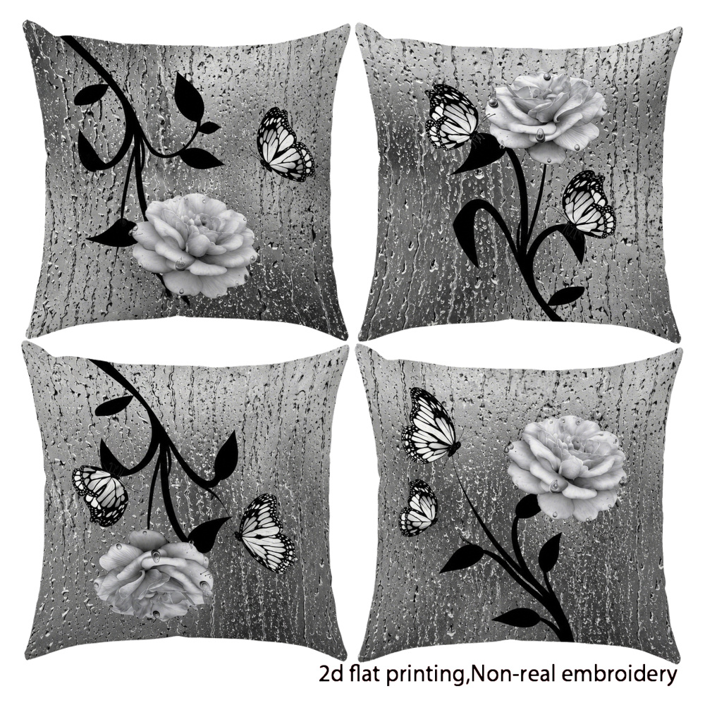 TEMU 2d Flat-printed 4pcs Set Of Pillowcases Featuring A Black And Gray Raindrop Pattern With Black And White Roses And Butterflies. Single-sided