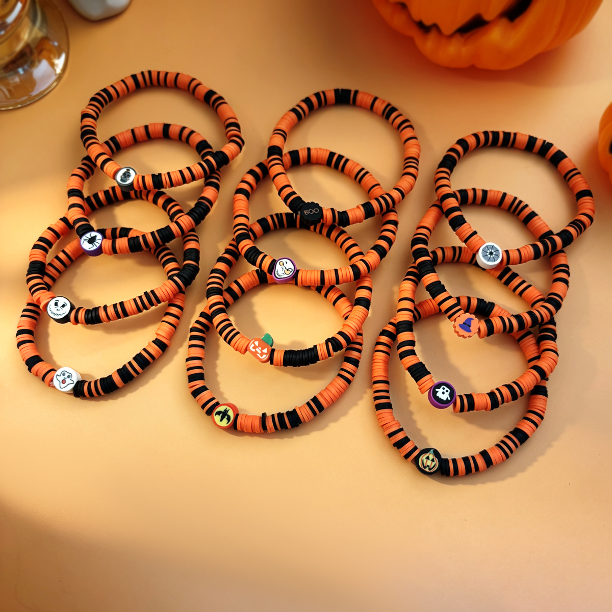 12pcs Halloween Polymer Clay Beaded Bracelet Set, Fun Gift