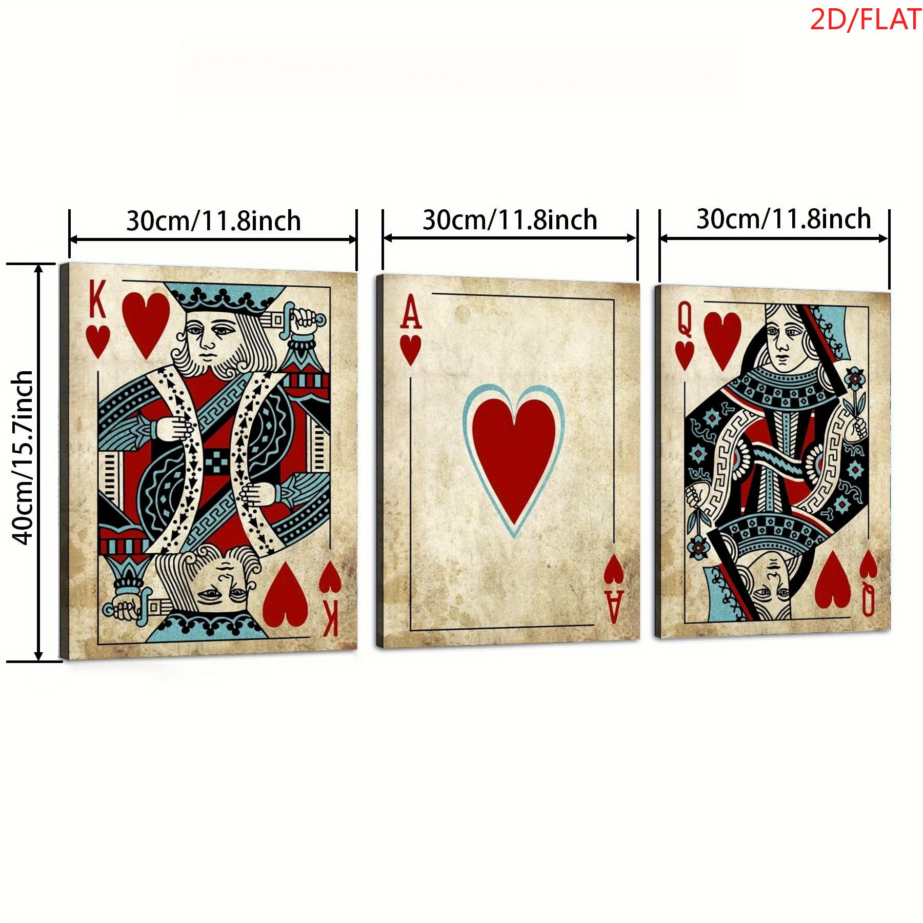 TEMU d'art sur toile vintage poker 2D plat, lot de 3 pièces - Roi, As, Dame de Cœur avec des complexes, convient pour la décoration de bureau, salon,