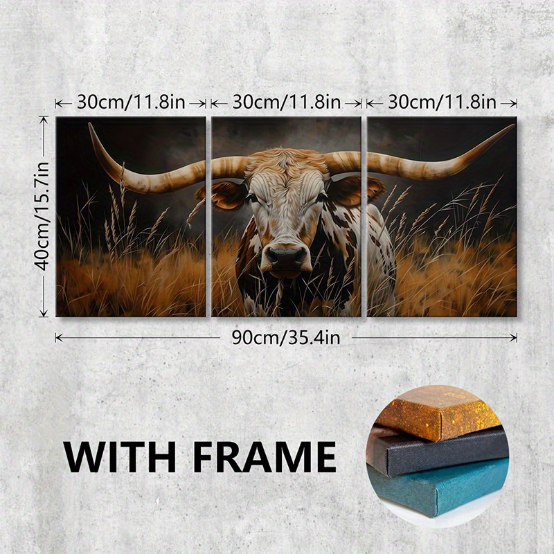 TEMU 3pcs/ Set Wooden Framed Canvas Print Poster, Texas Longhorn Bull Artwork, Wildlife Painting, Rustic Farmhouse Decor, Background, Wall Art For