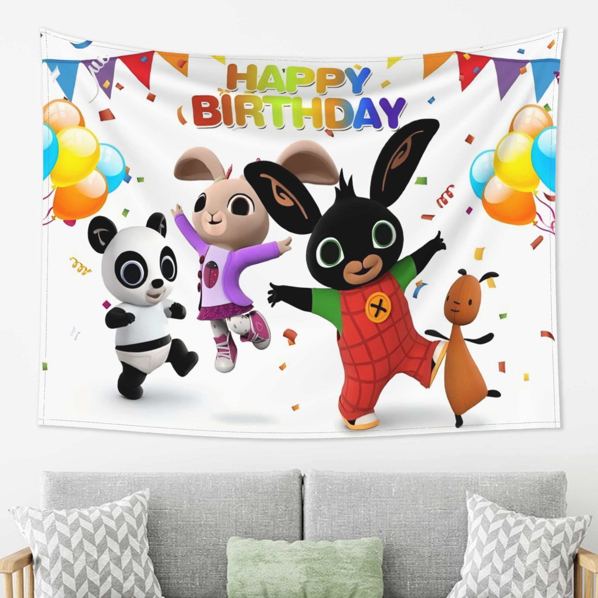   Bunny Happy Birthday Wall Tapestry - Vibrant Cartoon Rabbit &   Design with Balloons & Confetti,   Beige Fabric, Horizontal Hanging Decor for Living Room, Bedroom, Office - No Electricity Needed, Multiple Sizes  , Birthday Party Decorations