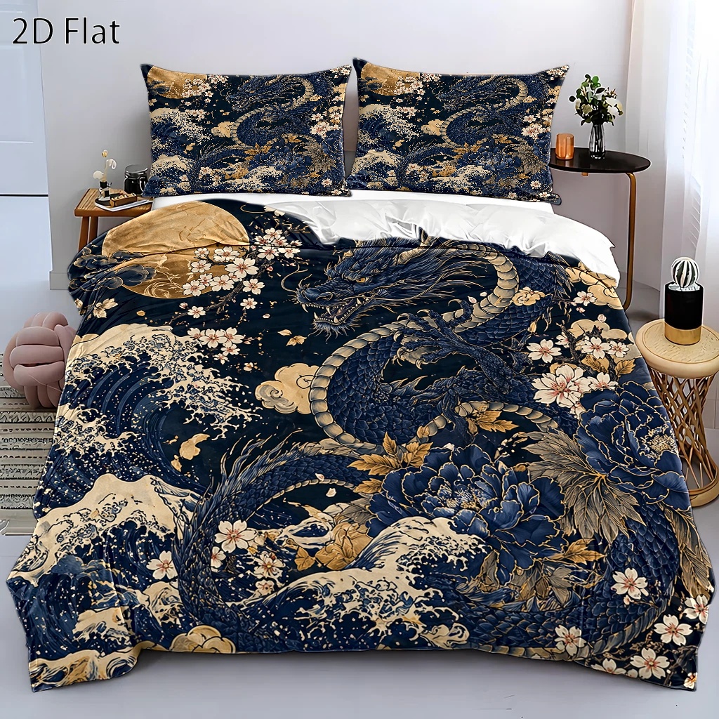 TEMU 3pcs Japanese -e Dragon, Floral, And Wave Pattern Duvet Cover Set, Bedding (1 Duvet Cover   2 Pillowcases), Suitable For , Machine Washable,