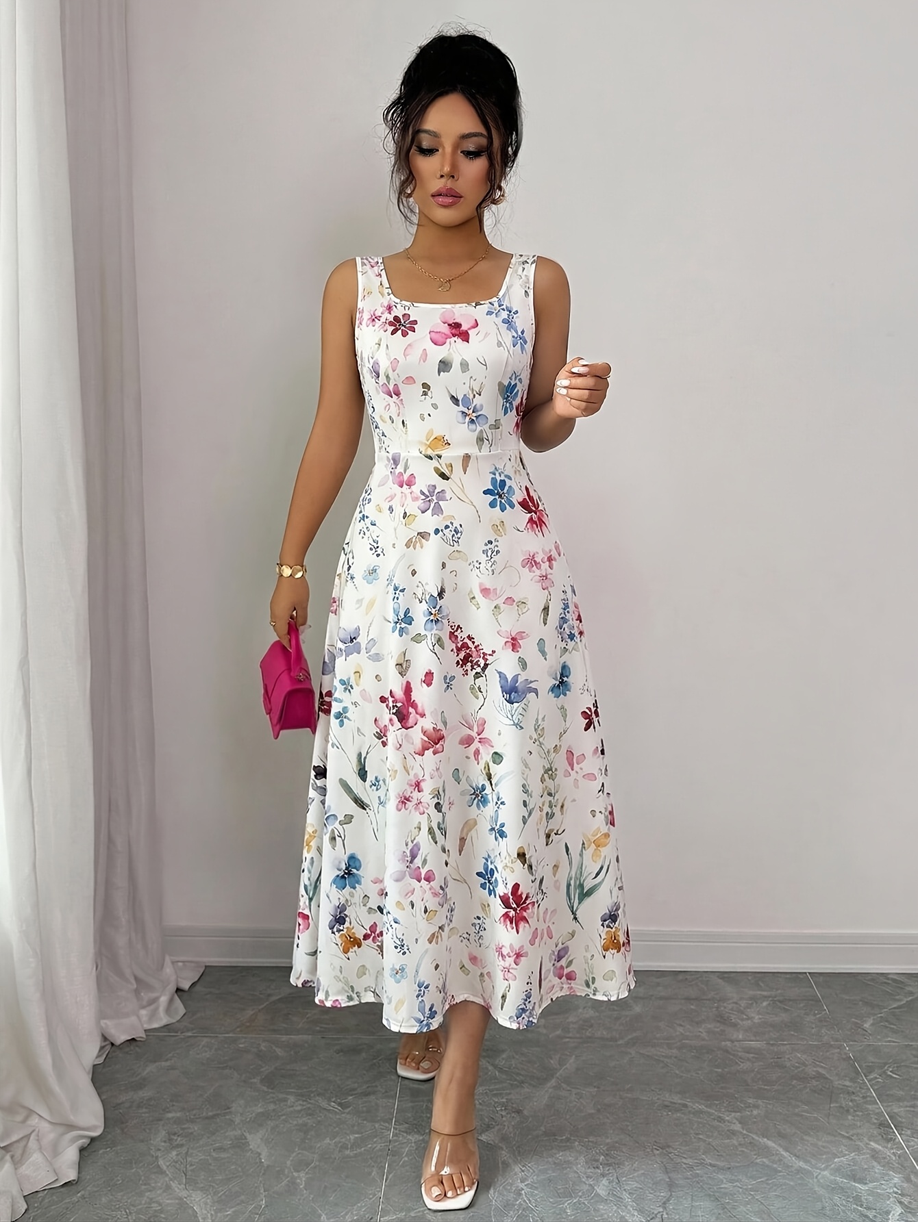 elegant womens floral print sleeveless square neck a line long dress
