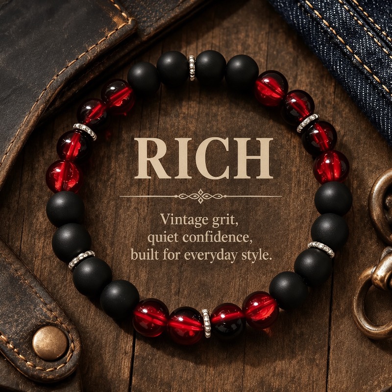 TEMU 1pc Wealth Natural Stone Bead Bracelet, Made Of Red Agate And Obsidian, Bringing Wealth And , Fashionable Retro Unisex, Suitable For Daily Wear