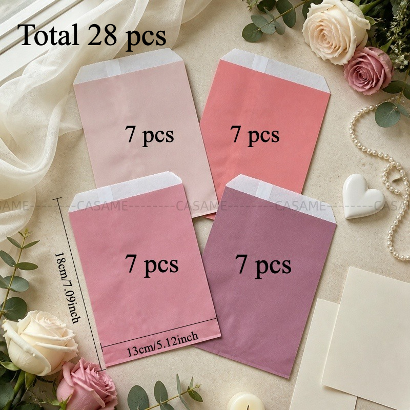 TEMU Lot de 28 sacs en papier plats rose poussiéreux de 5,1×7,1 pouces / 13×18 cm, 4 sacs d'emballage cadeau de couleurs assorties, sacs à élégants