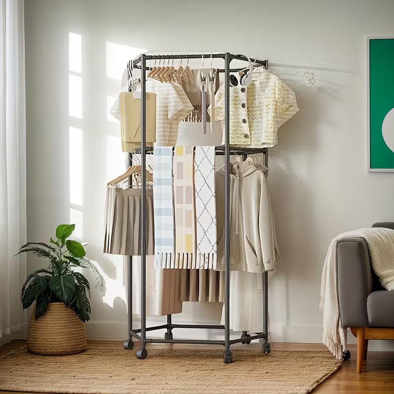 TEMU Heavy- Duty Freestanding Double- Layer Clothes Drying Rack With 360° Rotating Hexagonal Frame & Mobile Suitable For Balcony, Bedroom - Thickened