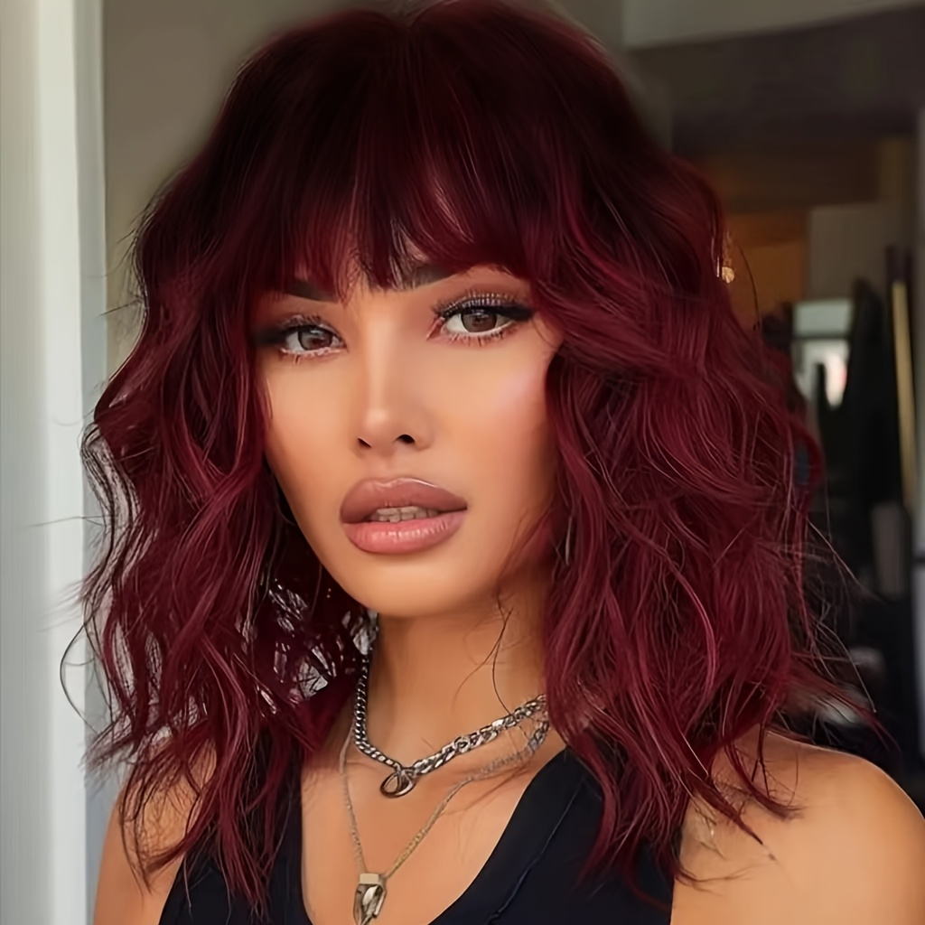 TEMU 14 Inch Heat Resistant Synthetic Hair Wig With Bangs- Burgundy Wine Red Curly Wave Bob Wig For Women, For , 180% Density Natural Looking Loose Waves, Elegant Style For All , Chic