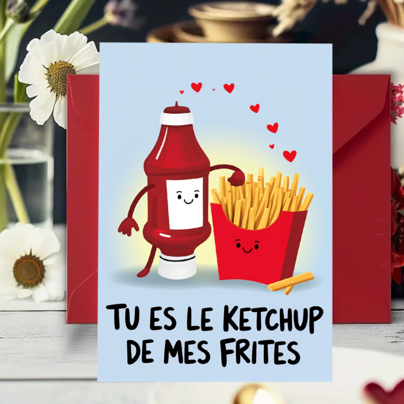 TEMU 1pc Romantic Couple Card With Ketchup And Fries Cartoon Print And Sweet French Text "tu Es Le Ketchup De Mes Frites" Valentine's Day Greeting